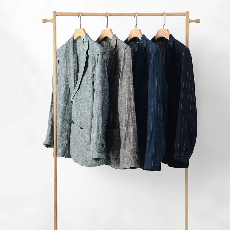 

New Men Linen Suit Spring Casual Professional Youth Chic Back Split Loose Fashion Solid Color Pocket Vertical Stripe Coat