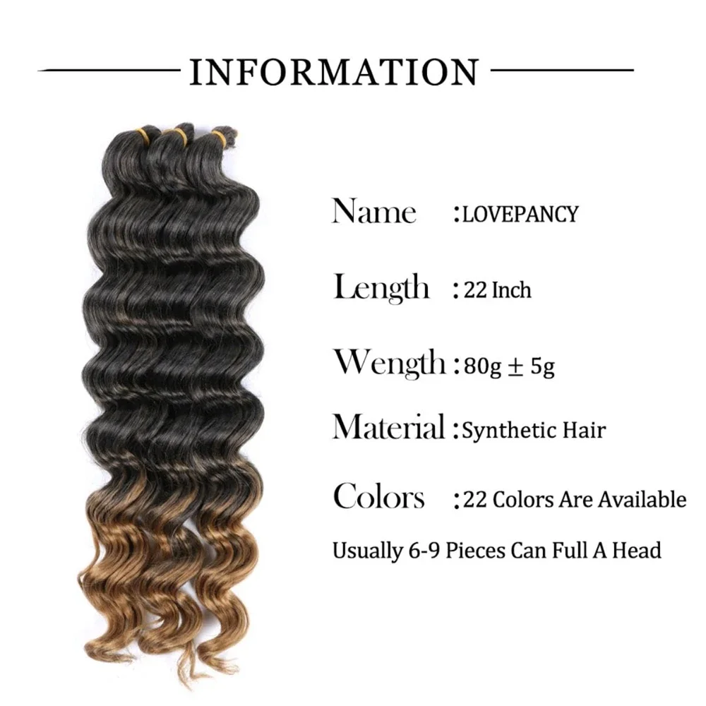 1/2/3packs Synthetic 22 inch Long Ombre Deep Wave Curly Braiding Hair Ocean Wave Crochet Hair Soft Curly Crochet Hair For Women