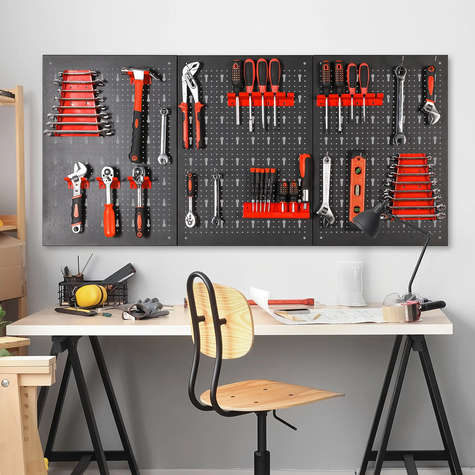 Metal Tool Wall, Three-part Pegboard Workshop, Expandable Tool Pegboard with 17pcs Hooks And Holders, Tool Wall for Workshops