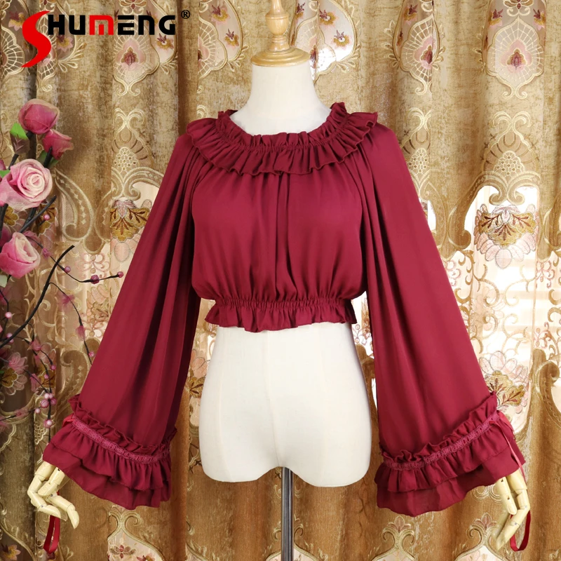 

2023 Autumn Lolita Ruffled Long Sleeve Chiffon Inner Wear Flare Sleeve Loose O-Neck Pullover Bottoming Shirt Women's Tops Blouse