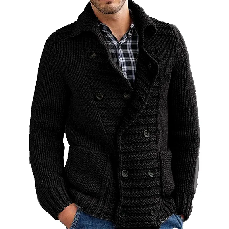Men's Sweater Cardigan Autumn And Winter New Lapel Double Breasted Solid Color Fashion Casual Large Size Sweater
