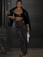 Summer New Women Black Diamonds Midi Bodycon Skirt 2023 Designer High Waist Party Office Lady Elegant Split Skirt 1