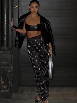 Summer New Women Black Diamonds Midi Bodycon Skirt 2023 Designer High Waist Party Office Lady Elegant Split Skirt 1