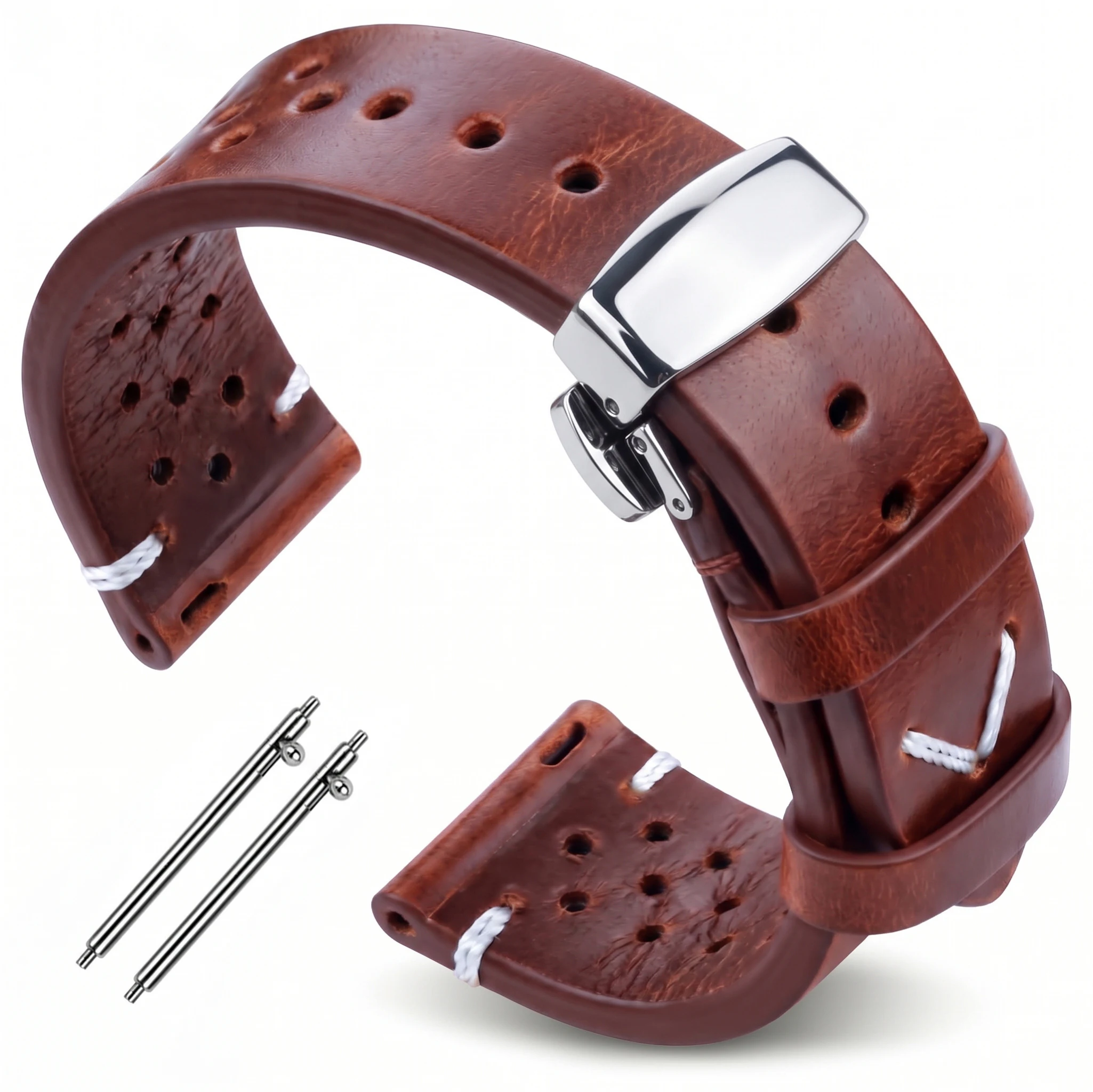 Vintage Oil Wax Leather Watch Strap with Quick Release Butterfly Clasp - Perforated and Breathable Design for Men
