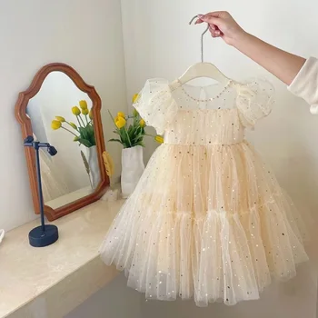 2024 Summer Toddler Baby Clothes Girls Mesh Sequined Dress Vestidos Girl Princess Dress Kids Birthday Party Dresses For Girl 1
