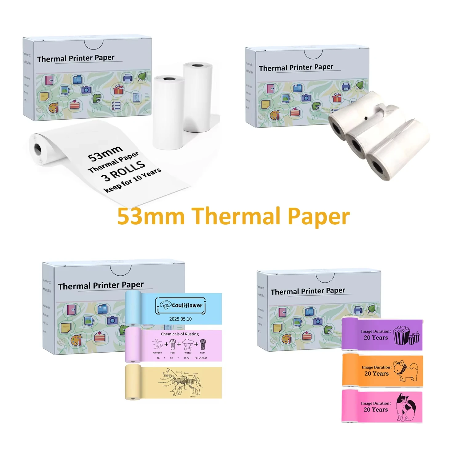 3 Rolls Thermal Paper for T02 Mini Printer 53mm 2" Size M832 For T02 M832-M834 width 53mm Portable Printer