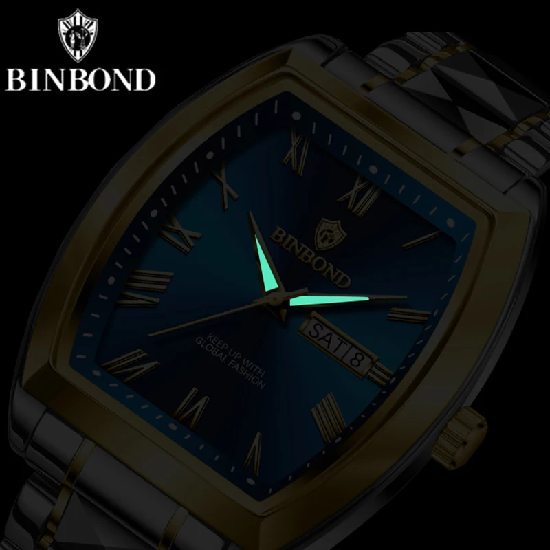 BINBOND B355 Stainless Steel Men Watch Top Quailty Luxury Push Button Hidden Clasp Waterproof Luminous Date Week Sport Men Watch 4