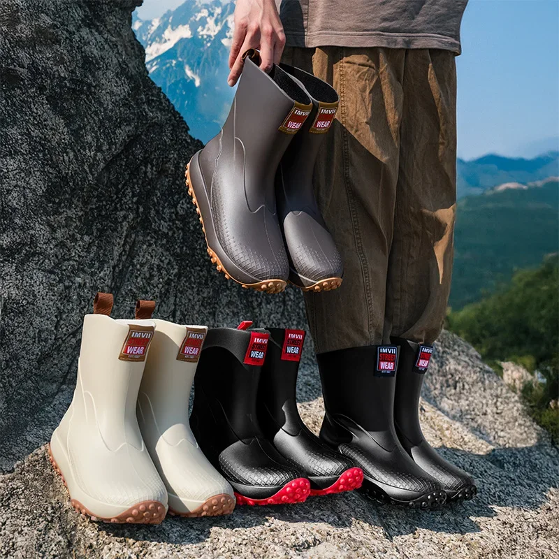 Bottes de randonnée homme imperméables antidérapantes en PVC à motif filet et crampons caoutchouc pour extérieur