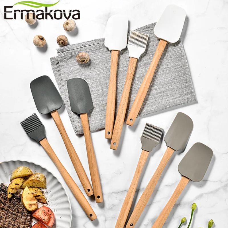 ERMAKOVA 3Pcs/set Wooden Handle Silicone Spatula Baking Set Cake Cream Spatula Oil Brush Wooden Handle Silicone Baking Tool