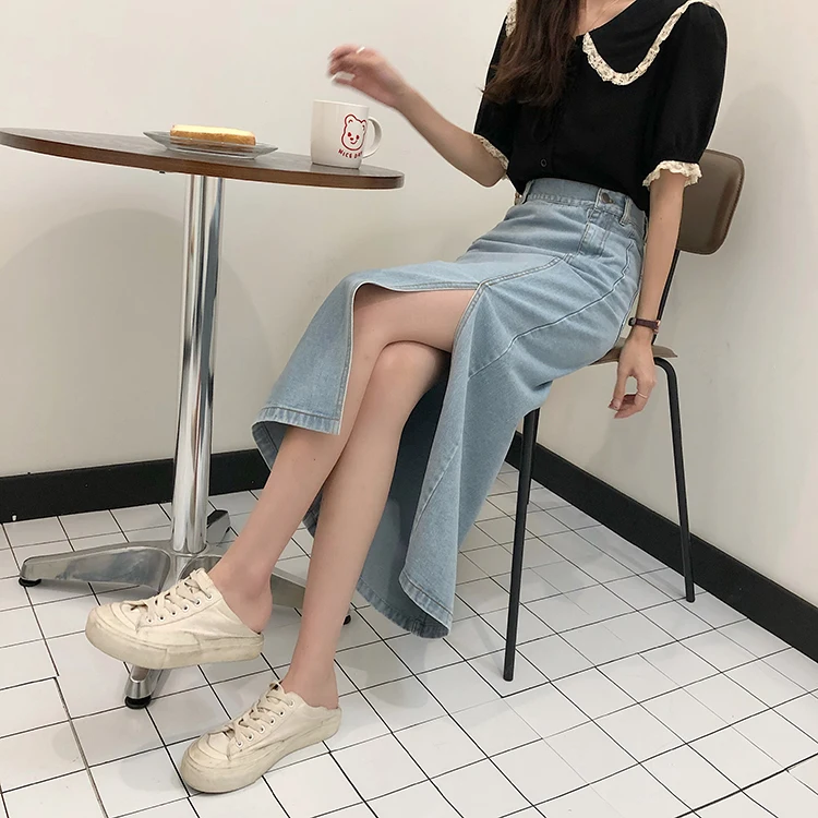 black skirt Ailegogo New Summer Female A Line Mid-Calf Denim Skirts Women Slim High Waist Split Length Skirts  Sizes Causal Jeans Skirts pleated midi skirt