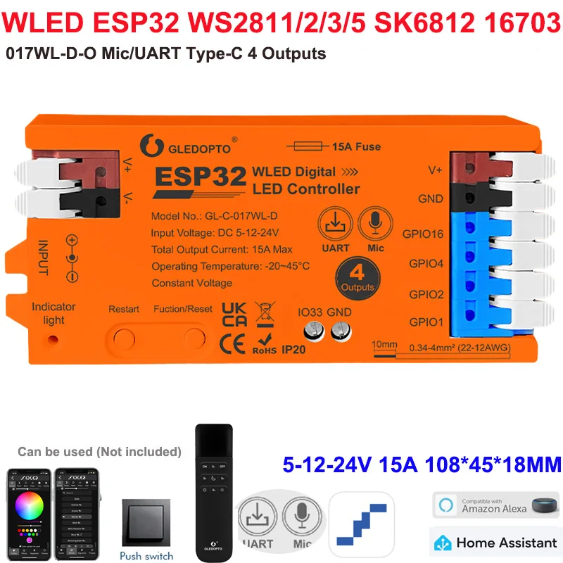 ตัวเลือกสินค้า ตัวควบคุมแสงอัจฉริยะ ESP32 WLED 4 ช่องควบคุม