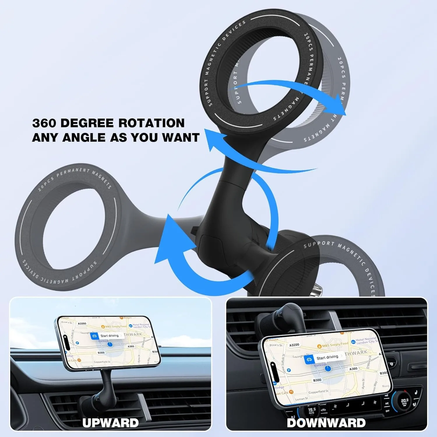 Phone Holder Mobile Phone Holder Magnetic Phone Holder for Car Vent 360 Degree Rotation Fits All Phones Black