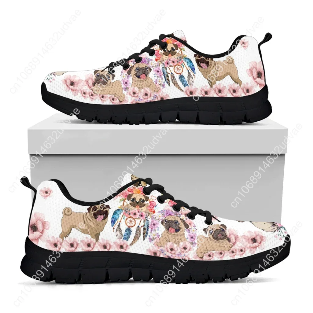 Cute Pug Pattern Flower Print Lightweight Outdoor Shoes Black Platform Shoes Summer Breathable Sneakers Zapatos