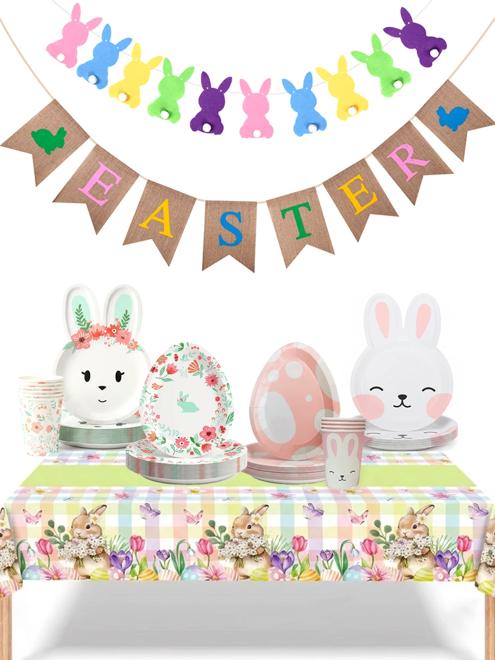 Niedliches Kaninchen-Einweggeschirr aus Papier, Haseneier, Teller für Frühling, fröhliche Osterdekorationen, Häschen-Thema, Geburtstagsparty-Zubehör – Detail 1