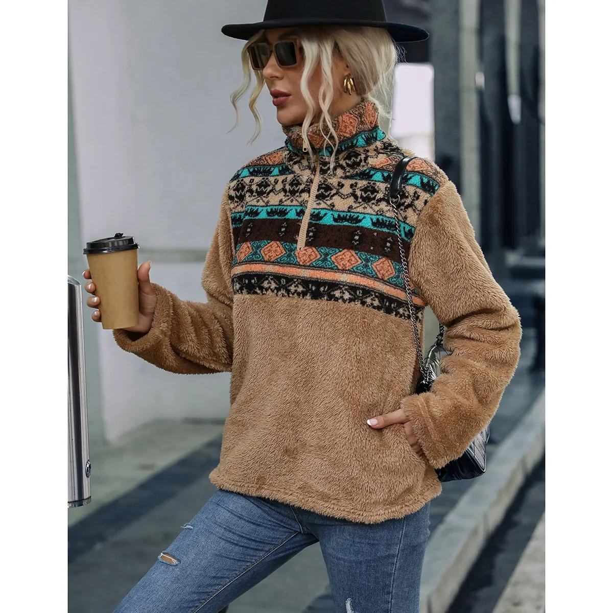 

Women's Double-sided Cashmere Loose Pullover Color Matching Geometric Printing Round Neck Long Sleeve Plush Sweater Office Lady