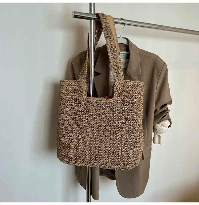 Stylish Natural Straw Crochet Tote Bag with Wide Handle