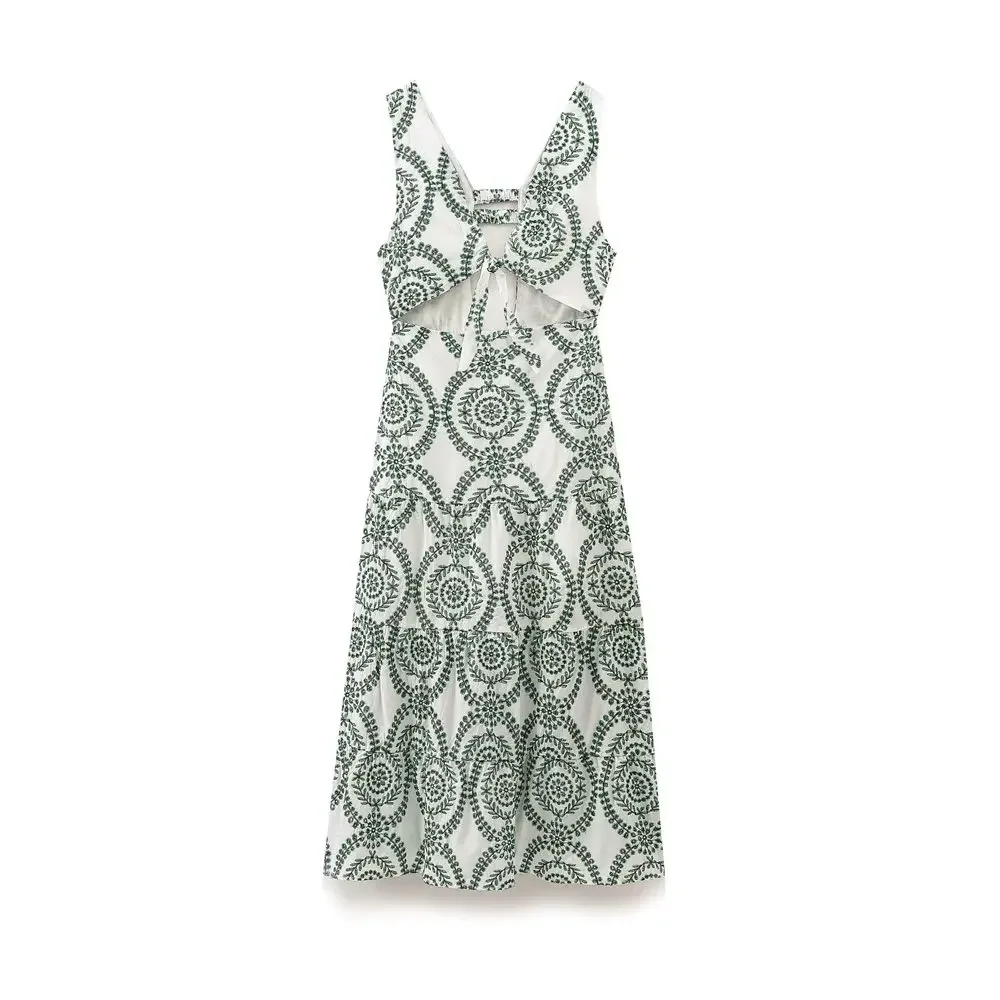 

Women's new fashion bow decoration hollowed out embroidery V Neck midi dress retro sleeveless backless women's dress Mujer