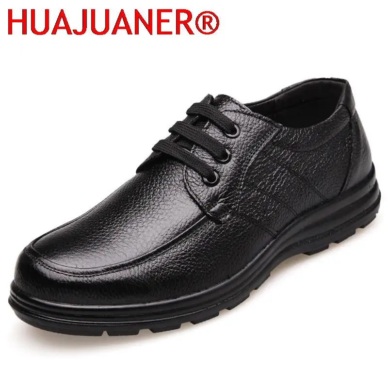 

HUAJUANER New High Quality Genuine Leather Shoes Men Flats Fashion Men's Casual Shoes Brand Man Soft Comfortable Lace up Black