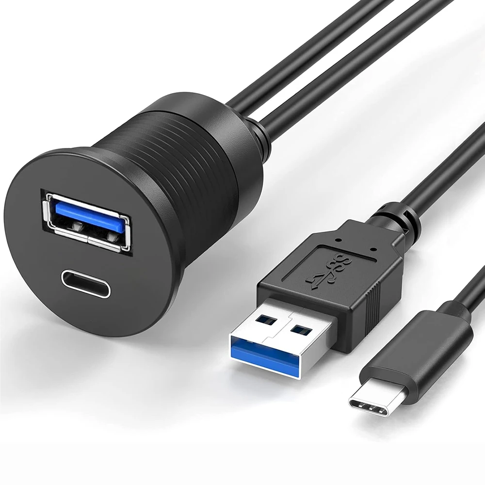 Universal USB and Type-C Extension Cable - Male to Female, Waterproof Flush Mount for Dashboard Installation