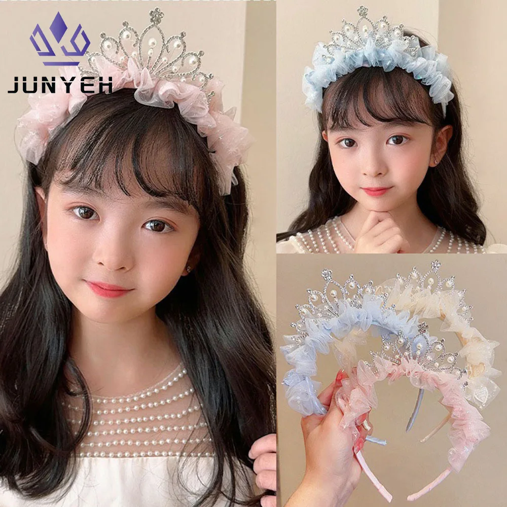 Children's Headdress Mesh Princess Crown Headband Girl Pearl Hairband Pleated Lace Embroidered Headband Hairpin For Kids girls lace pleated half sandals spring summer children s solid leather shoes kids pleated princess soft bottom closed toe shoes