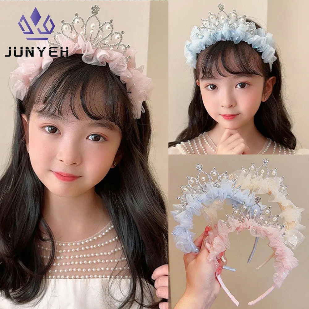 Children's Headdress Mesh Princess Crown Headband Girl Pearl Hairband Pleated Lace Embroidered Headband Hairpin For Kids children s lace straw hat straw braided straw hat pleated streamer straw sun hat big brim sun hat panama beach sun hat