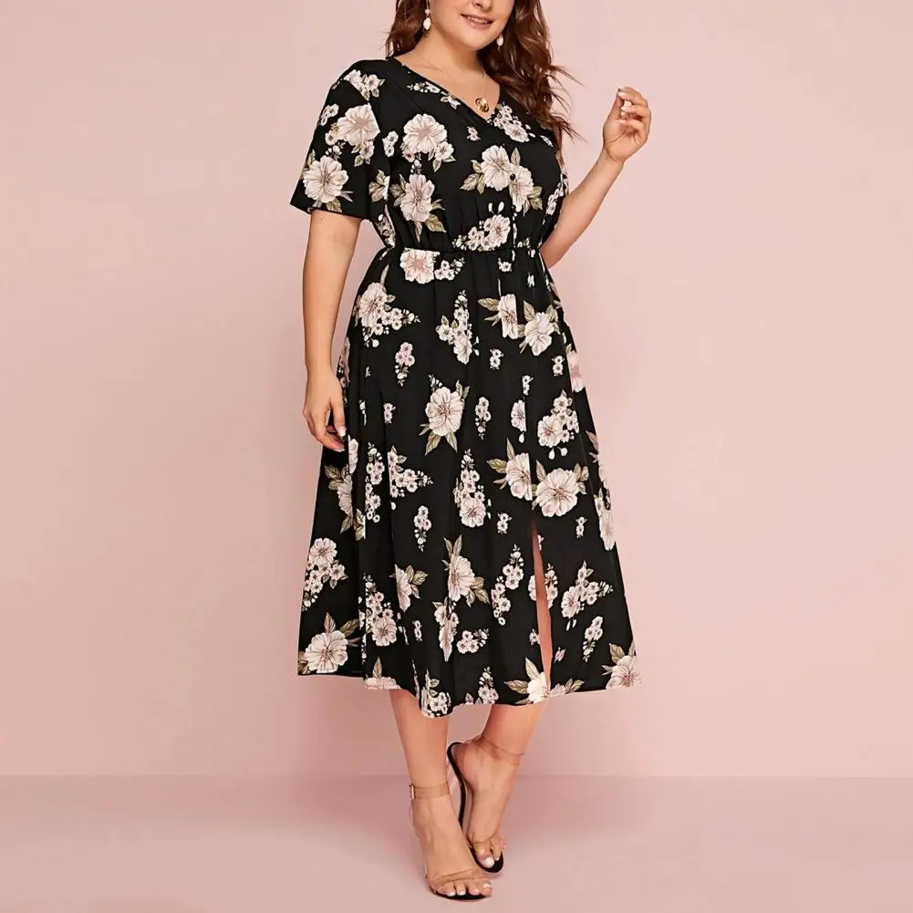 Women Midi Dress Large Hem Flower Printed Loose Split Short Sleeve Dress-up V Neck Tight Waist Plus Size Lady Dress Female Cloth