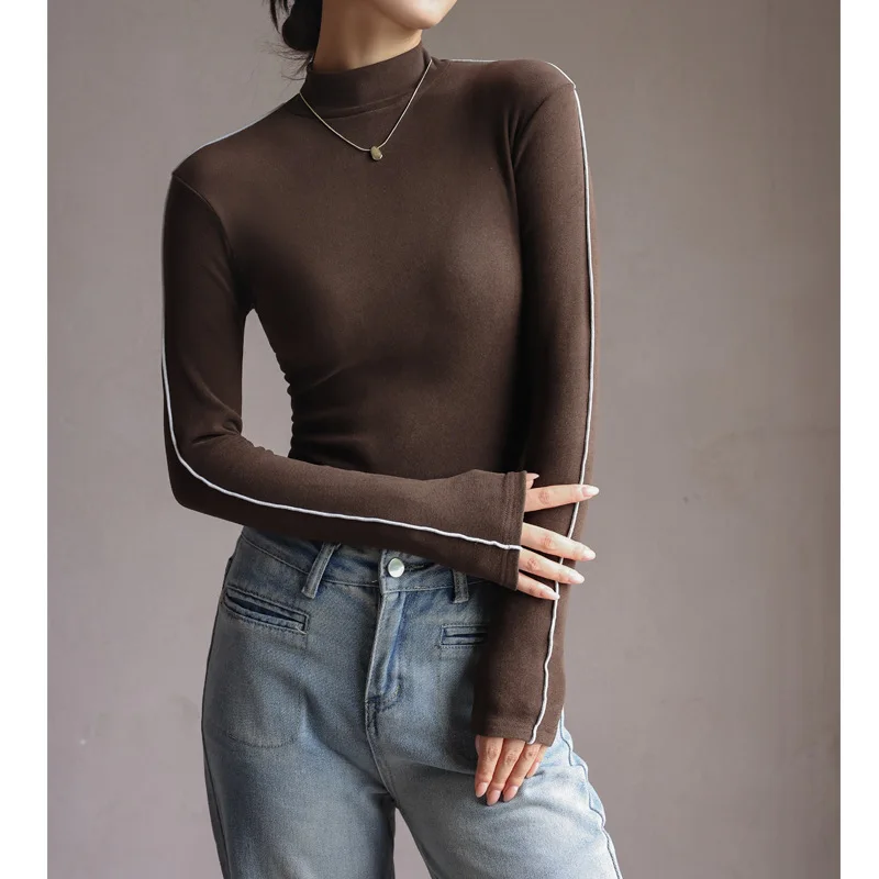 

Autumn Women's T-Shirts Korea Stylish Slim Layering Base Elegant Casual Bottom Basic Winter Warm Female Blouse Tops C5408