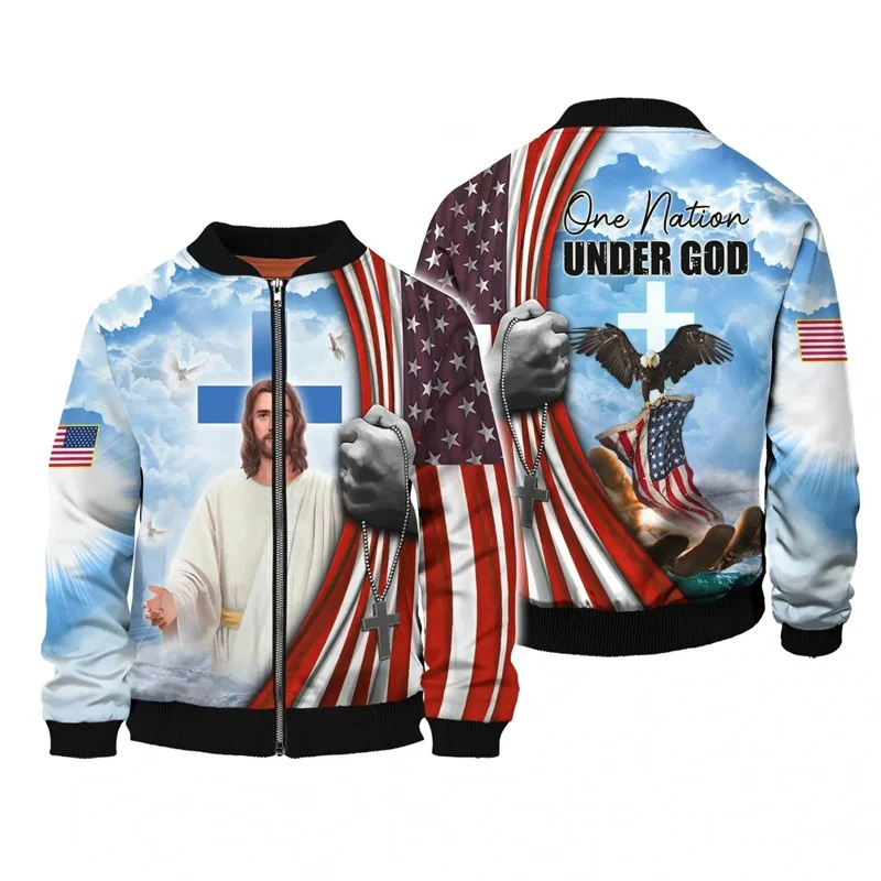 thumbnail image 1 of Chaqueta con estampado de Jesucristo para hombre, con bandera estadounidense de águila, estampada en 3D, de manga larga, informal, de gran tamaño, con cremallera, abrigo de calle, 1 of 5