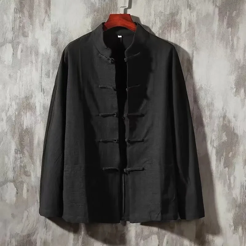 XXXXXL Plus Size Men Cotton Linen Shier Autumn Spring Men Collarless Long Sleeve Frog Button Loose Blouse Tops Oversized M-5XL
