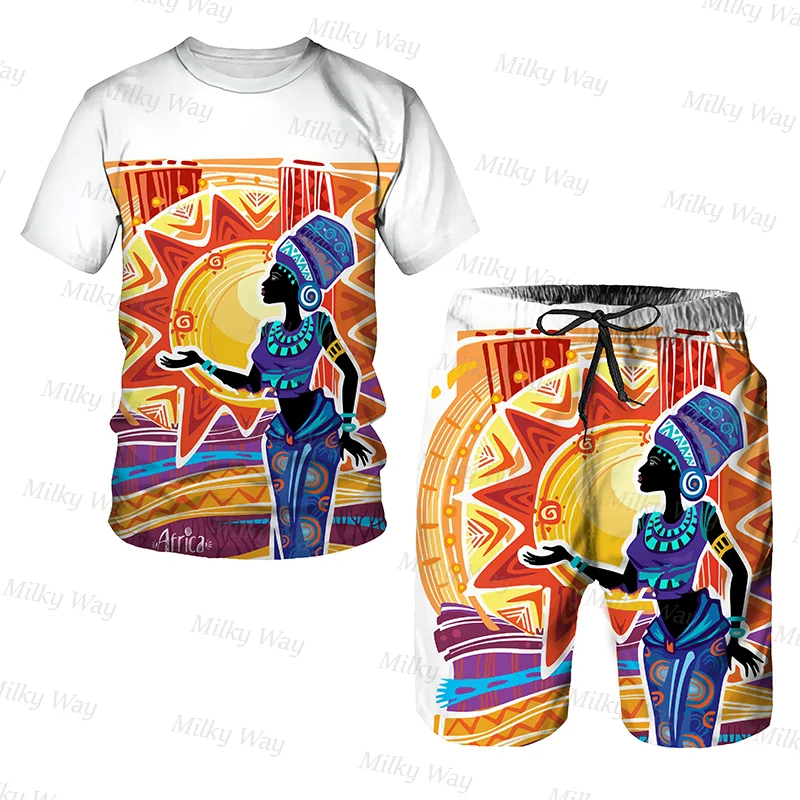 Summer Men's Tracksuit 2 Pieces African Totem T-Shirt Shorts Set Vintage Outfits Oversized Streetwear Male Suit Fashion Clothing