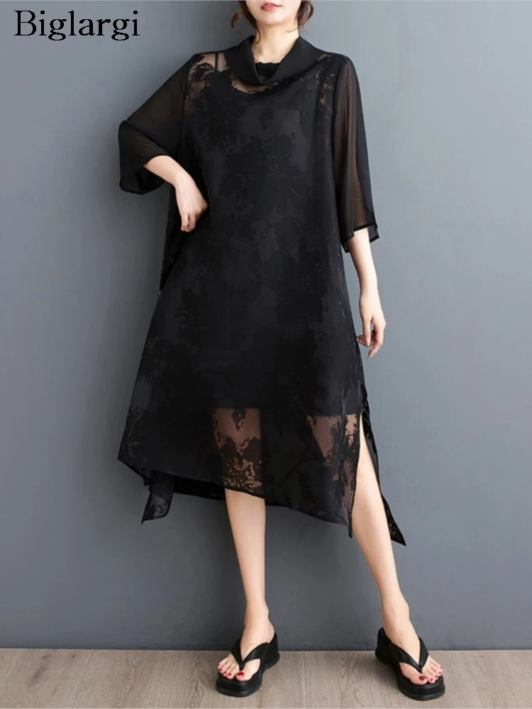 

Oversized Summer Mesh See Through Midi Dress Women Floral Embroidery Modis Split Ladies Dresses Loose Ruffle Pleated Woman Dress