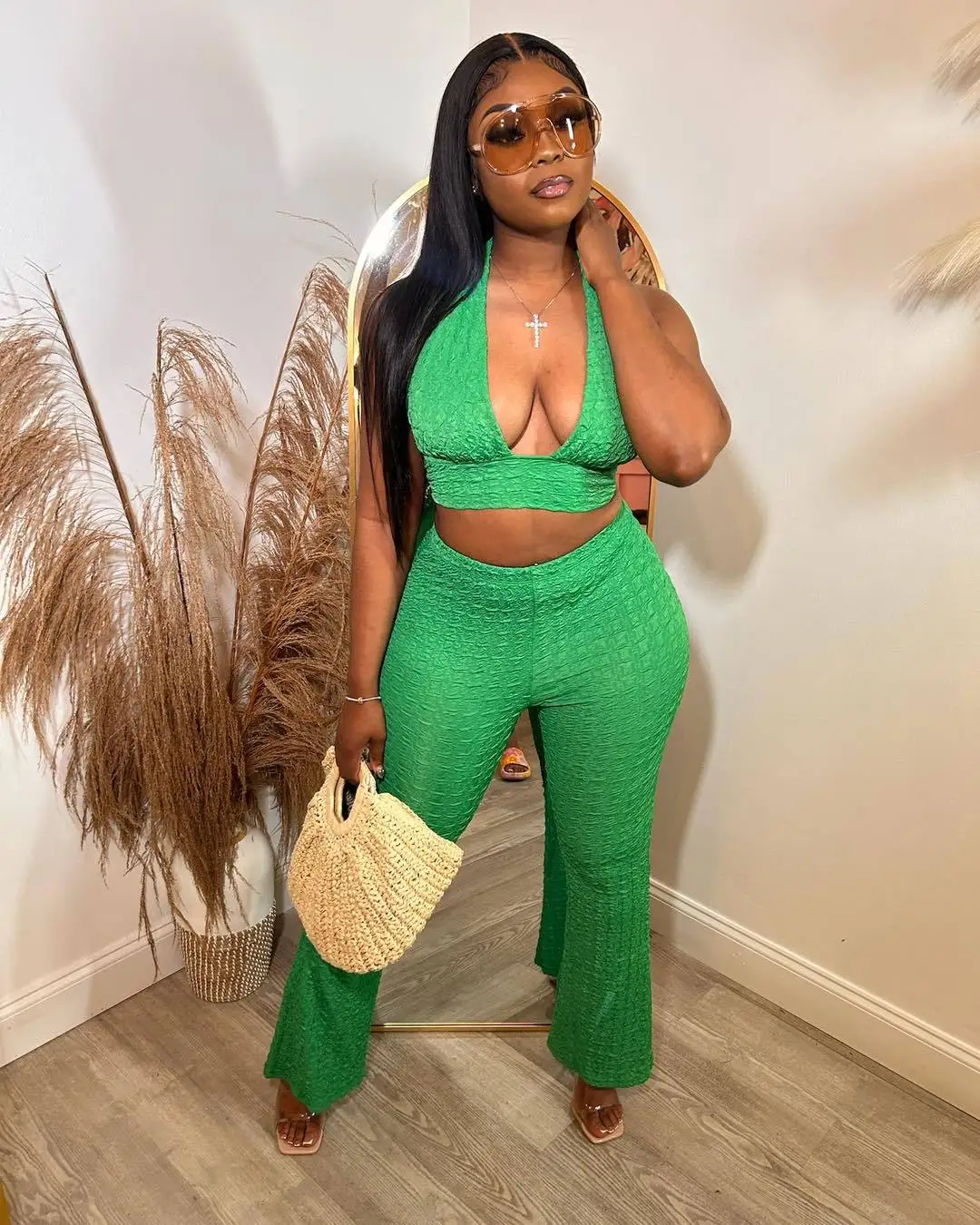 Nightclub Party Sets for Women 2 Pieces Sexy Backless V Neck Sleeveless Halterneck Crop Top Suit Summer Fashion Flared Pant Sets