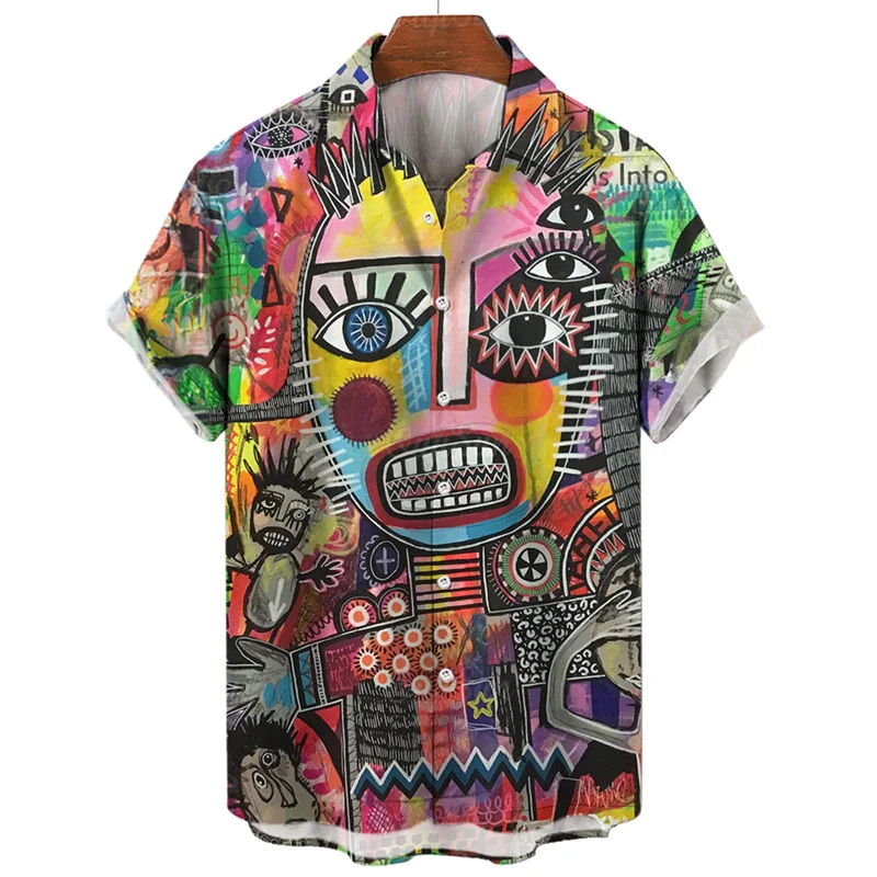 thumbnail image 1 of Camisa con estampado 3D de cara abstracta para hombre, camisa hawaiana de manga corta con gráficos de pintura artística de verano, blusa con solapa, ropa de calle, 1 of 5