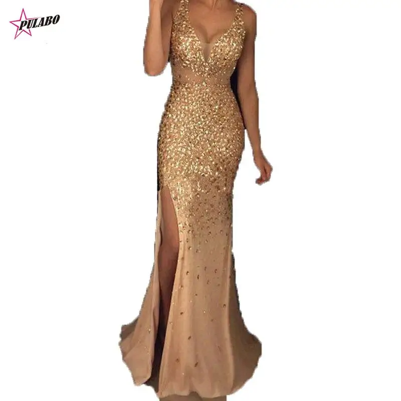 

PULABO Vestido De Noche Vintage Sequined Evening Dresses Sexy V-neck Sleeveless Gold Prom Mermaid Gowns Elegant Abendkleider