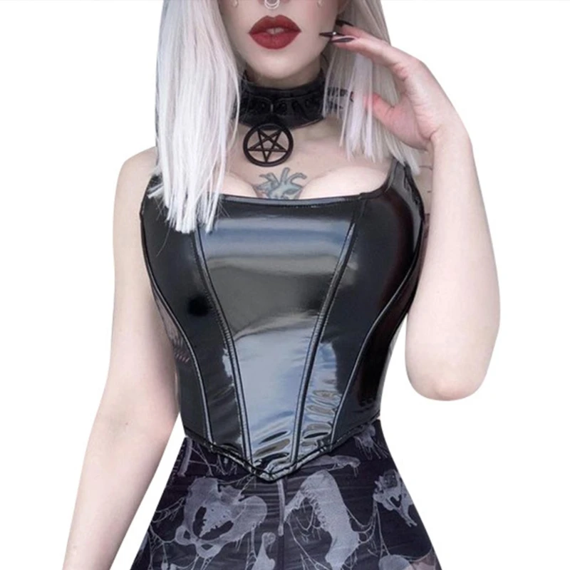 

Womens Sexy Corset Tops Fashion Sling Solid Color Zipper Back Leathers Bustier