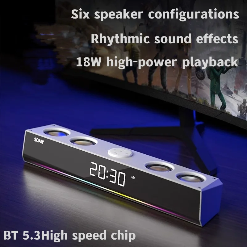 

Беспроводные настольные Bluetooth колонки SOAIY SH18 высокой мощности, супер бас, звуковая панель, домашний кинотеатр для компьютера/телевизора с умными часами и RGB