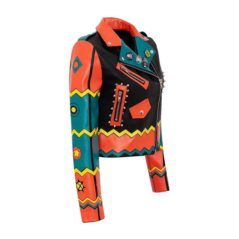 Contrast Color Block Print Leather Jacket for Women 2024 Trend Punk Style Streetwear Motorcycle Faux Leather Cropped Jacket