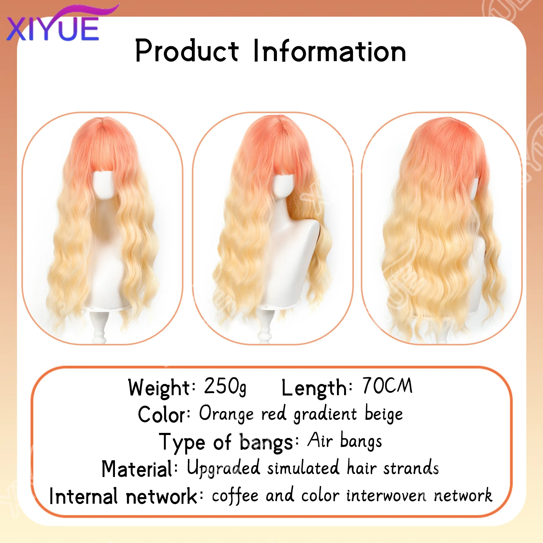 synthetic gradient water ripple wig Orange red gradient beige Synthetic Hair Wigs for Women Long Wavy Cosplay Wig Heat Resistant