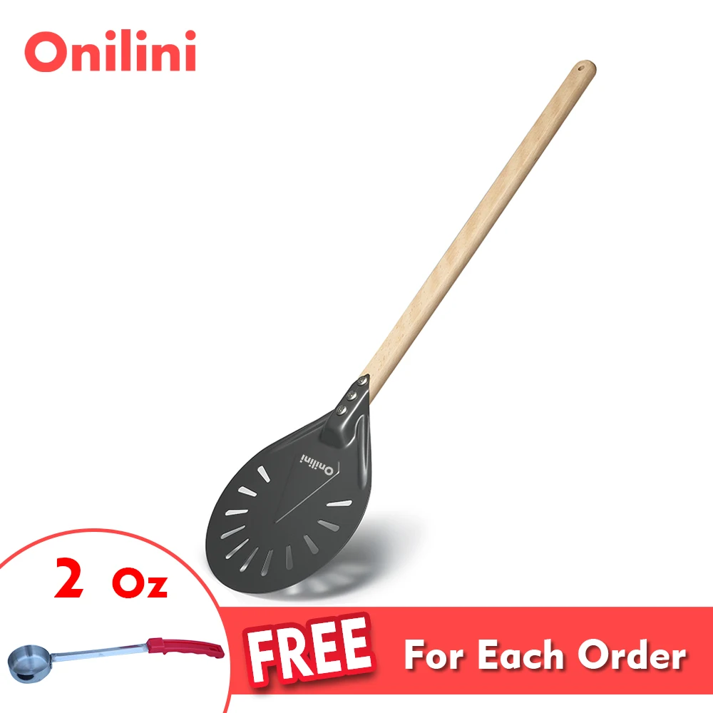 

Onilini Hard Anodized Pizza Peel Perforated Pizzas Shovel Wooden Handle 7/8/9 inch Pizza Shovel Paddle with Free Spoon