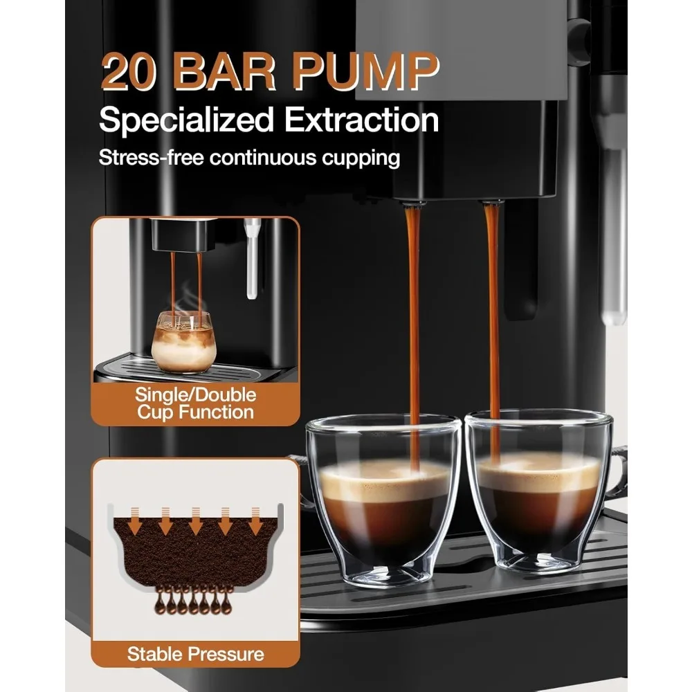 Fully Automatic Espresso Machine with Frother Steam Wand,20 Bar Built-In&Adjustable Espresso Bean Grinder,1-15 Adjustable Grind 4