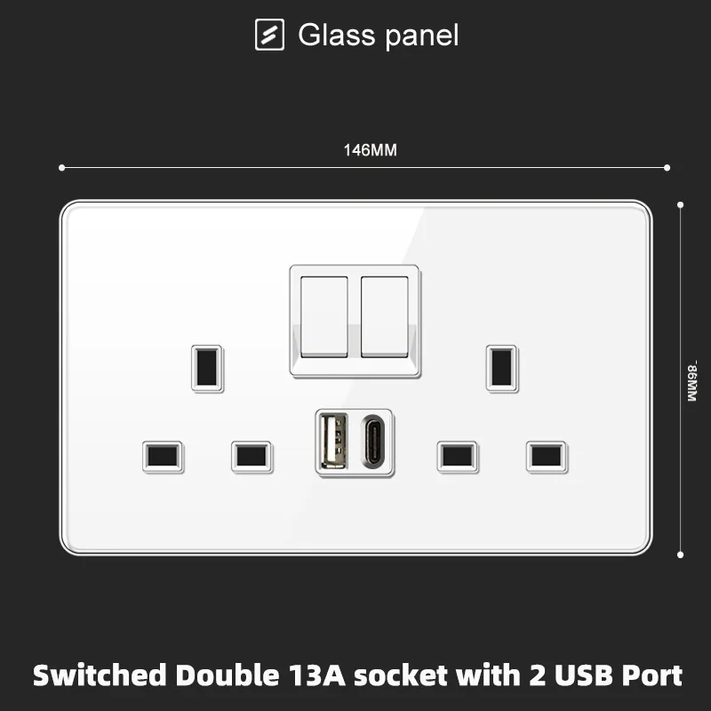 초박형 흰색 고품질 유리 조명 벽 스위치, 영국 벽 18W Type-C 고속 충전 USB 소켓, 전원 1/2/3/4Gang 1Way220V