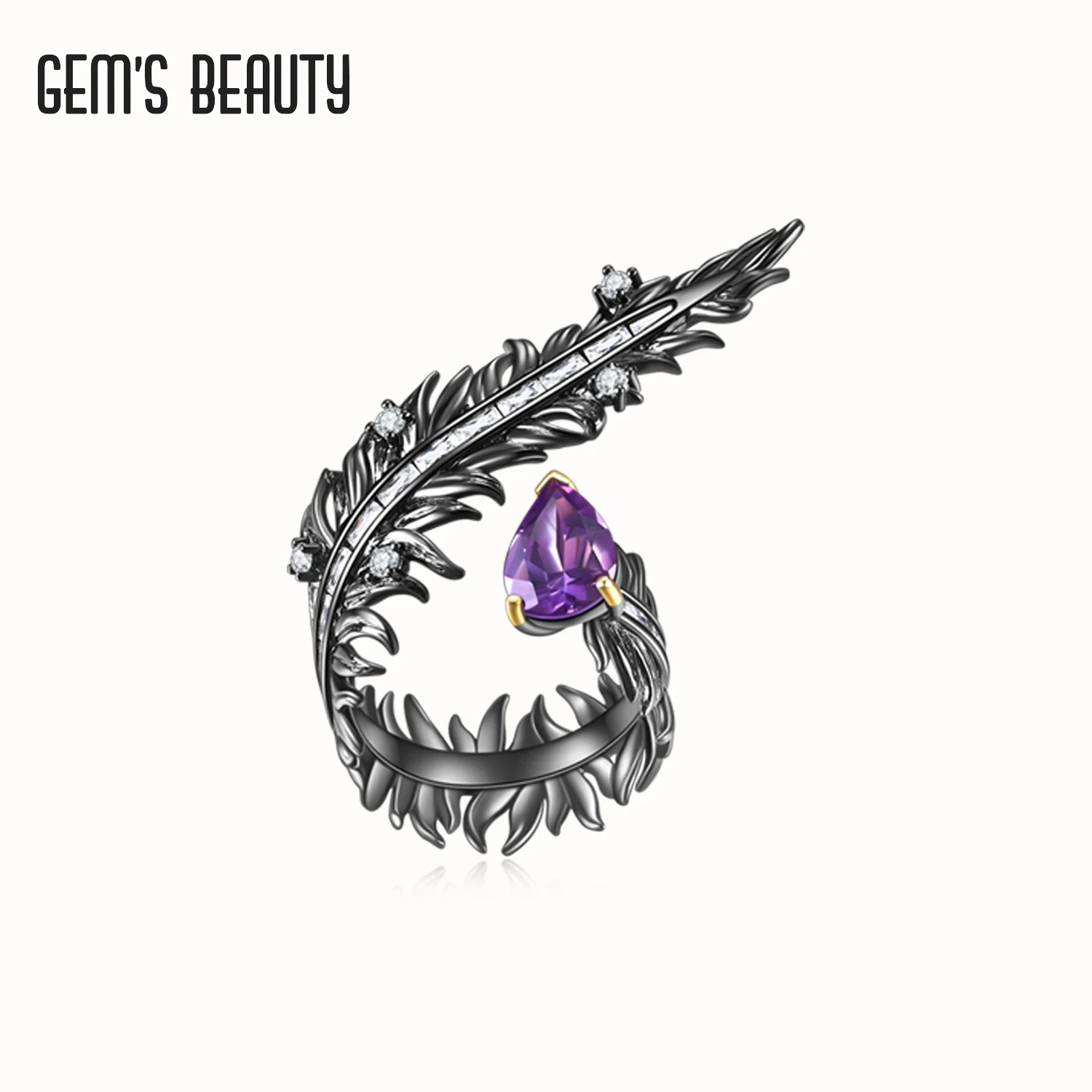 

Gem's Beauty 925 Sterling Silver Resizable Rings For Women Men Fashion Jewelry Feather Amethyst Open Finger Adjustable Rings