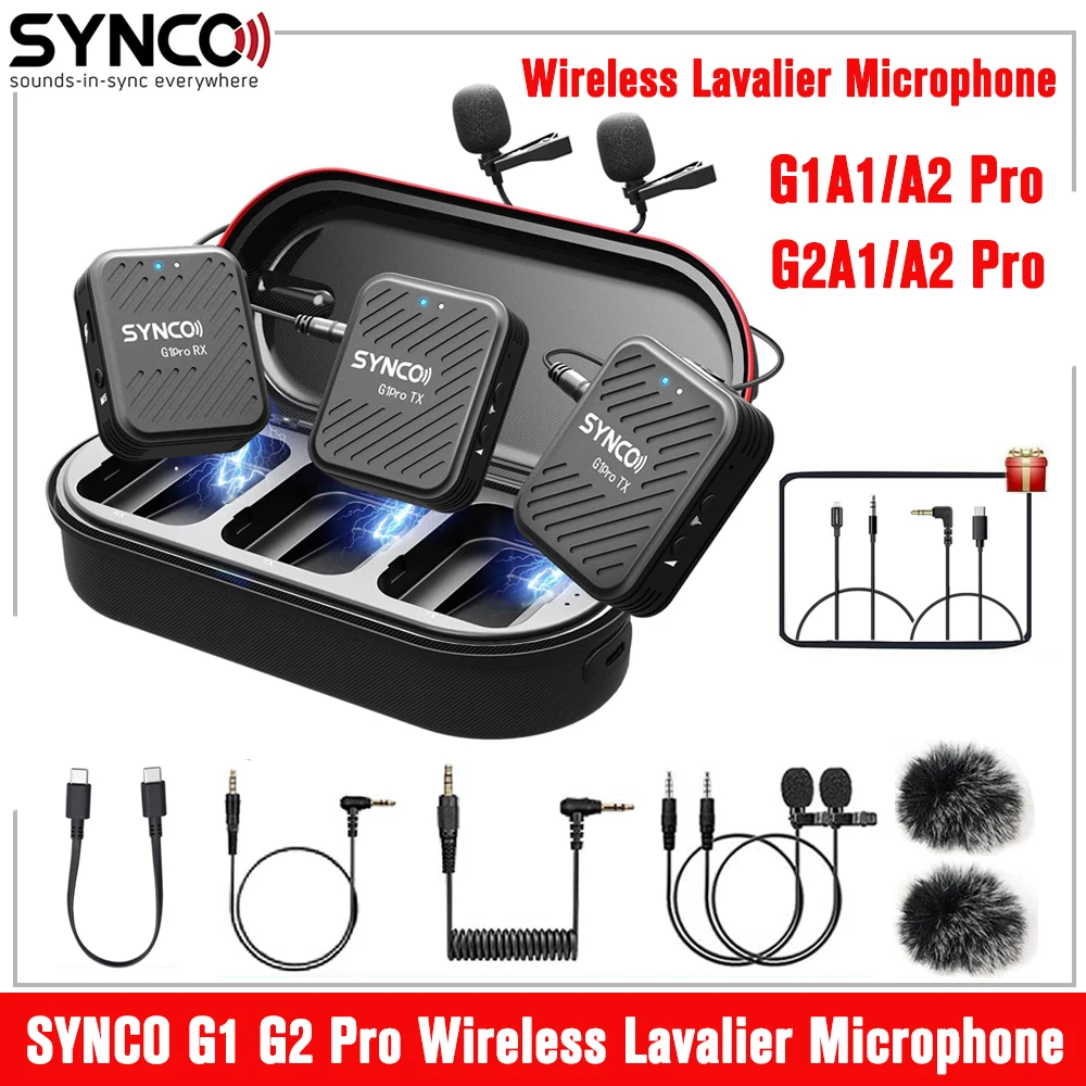 SYNCO Micrófonos Lavalier inalámbricos y sistema, G1 (A2) 2.4G Dual  Transmisor Micrófono de Solapa 492FT 8H para  Vlog Live Stream para  cámara