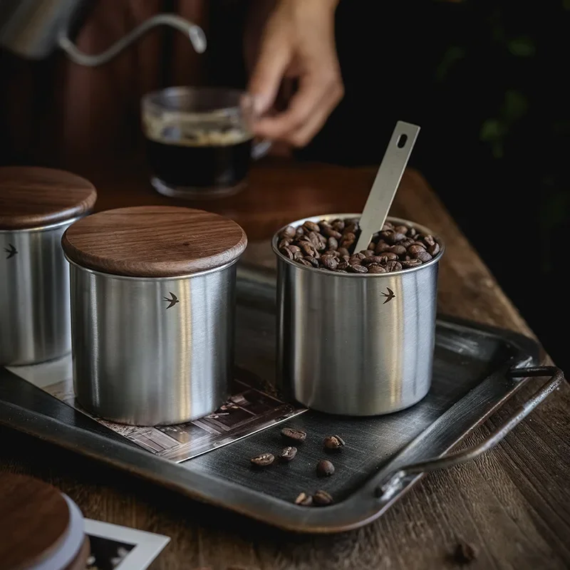Wooden Stainless Steel Coffee Bean Storage Jar, Sealed Vintage Storage Tank, Coffee Set Retro-Style Coffee Can Home accessories 3