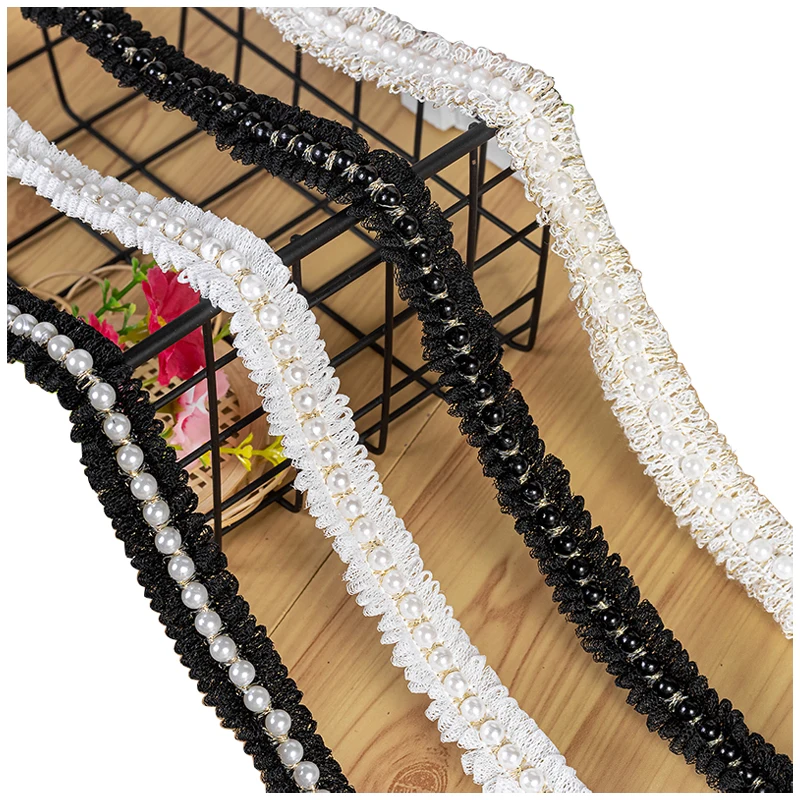 

3 Yards Pearl Beads Lace Trim Ribbon Tape Trimmings Edging Fabric Pleat Lace Clothes Decoration DIY Sewing Crafts 0.78 Inch Wide