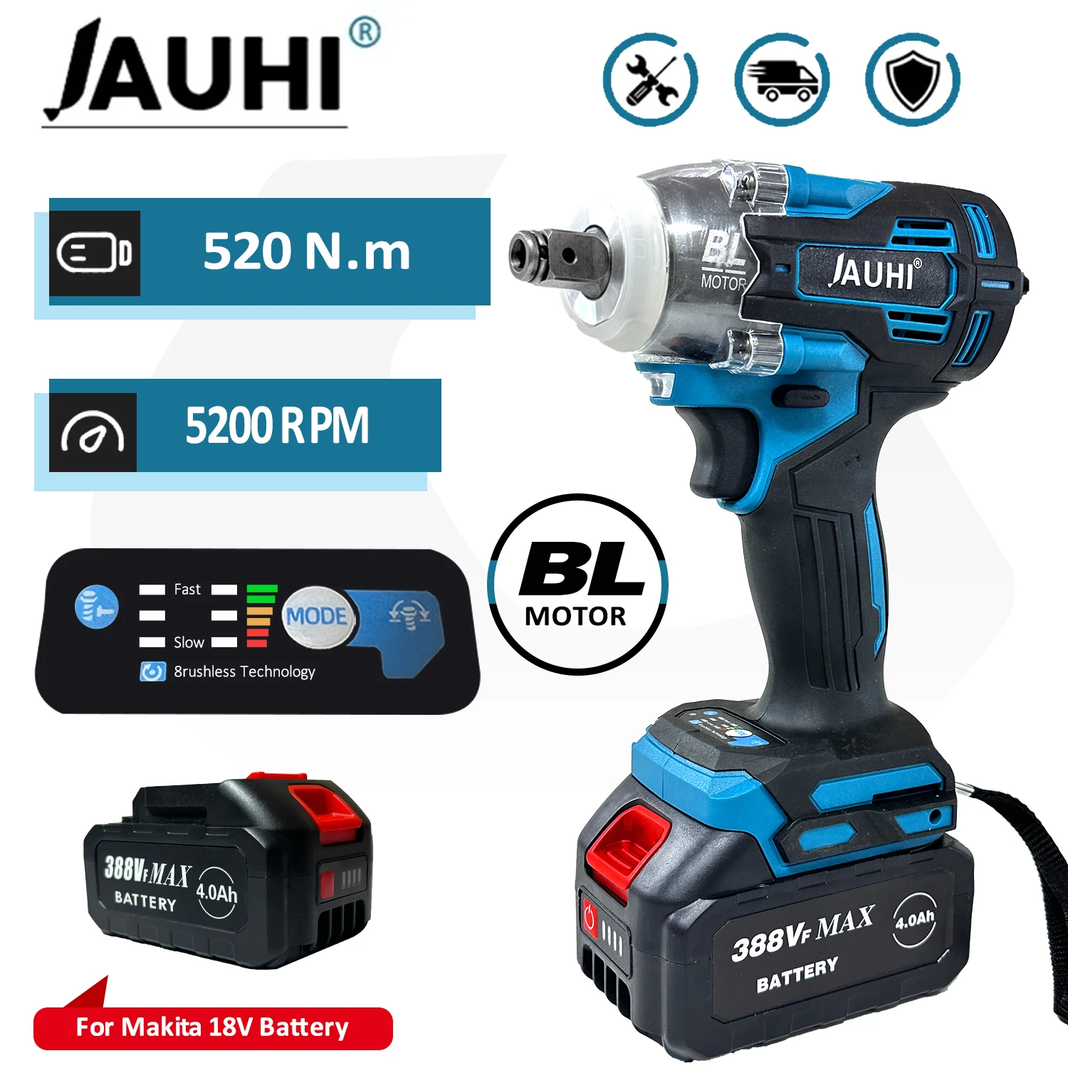 

JAUHI 388VF 520 N.M Torque Brushless Electric Impact Wrench 1/2 In With 20000mAh Lithium-Ion Battery For Makita 18V Battery