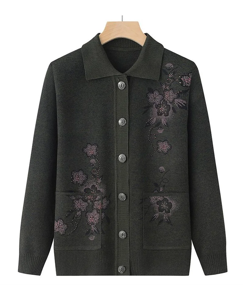 Spring Autumn Long-Sleeve Sweater Women Cardigan Coat New Print Middle-Aged Elderly Knitted Bottoming Shirt Female Tops Jacket