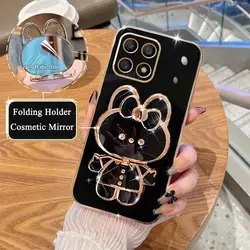 Elegant Silicone Mirror Holder Case with Plating Stand - Dual-Layer Protection and Stand Functionality for Honor X8a 4G (JMTZ Black)