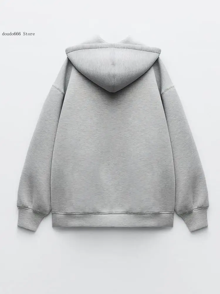 Autumn and Winter Women's Casual Coat Warm Hooded Long Jacket Long Sleeve Large Pocket Zipper Grey Jacket Coat 4