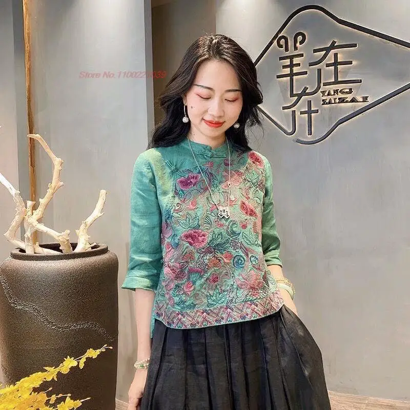 traditional chinese vintage blouse hanfu tops national flower embroidery improved qipao tops cotton linen cheongsam shirt